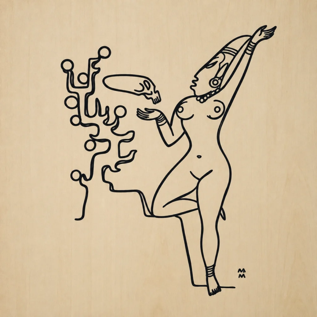 xquic ante el árbol de morro o jícaro con la cabeza de Hun Hunahpú. Réplica de uno de los dibujos de la serie del Popol Vuh de Guillermo Grajeda Mena. Grabado sobre madera realizado por Juan Carlos Mencos, 2019. Universidad Francisco Marroquín, Guatemala